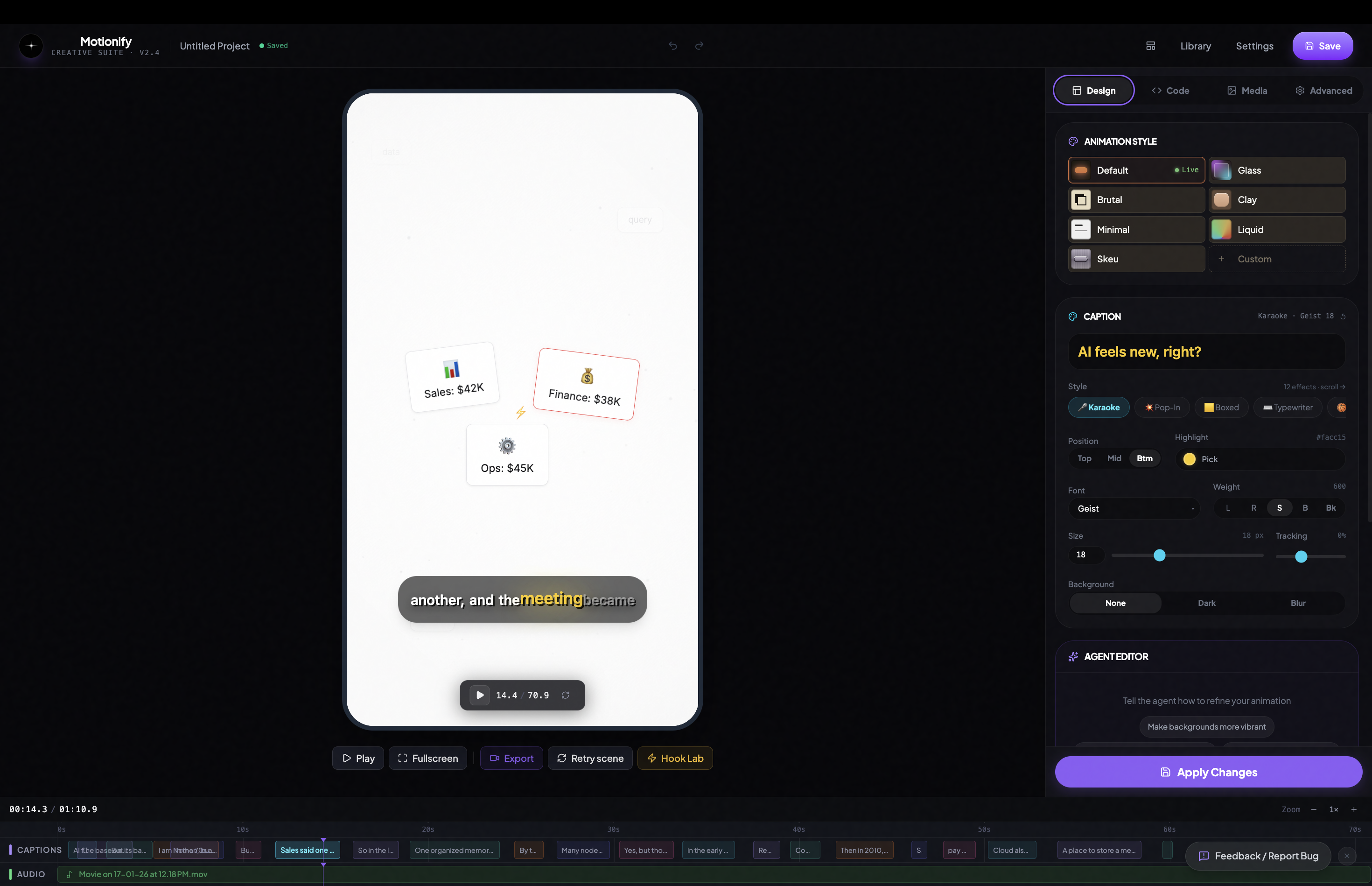 Motionify studio — live editor with caption styling, phone preview, and timeline